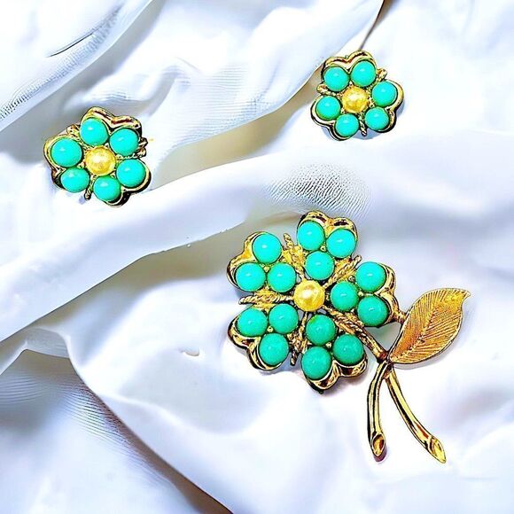 Vintage Sarah Coventry Turquoise Gold Pearl Floral Brooch and Earrings set - Picture 1 of 9